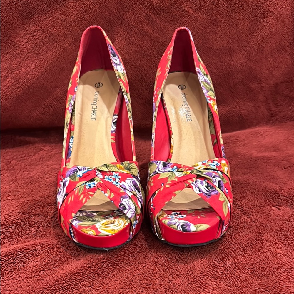 Charming Charlie Women's Red Floral Pinup Peep-Toe Heels, Size 9